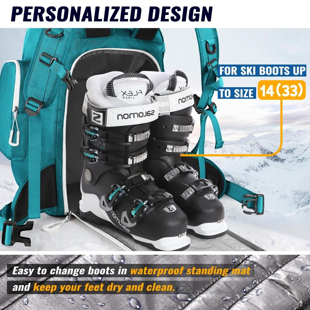 Ski Boot Bag, 65L Durable Travel Backpack, 1680D Nylon Waterproof Snowboard