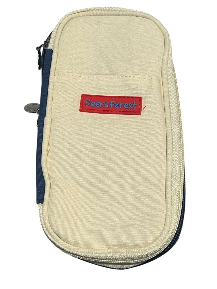 Deer & Forest Canvas Pencil Case Blue White Expandable Multi Compartment NWT
