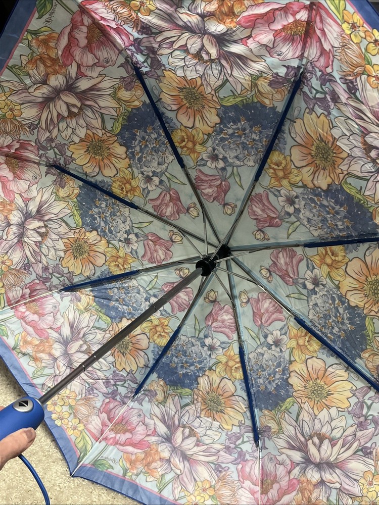 Brighton Enchanted Garden Automatic Umbrella With Blue Handle In EUC