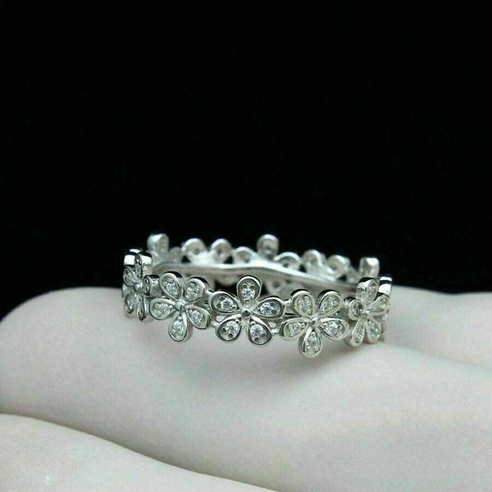 Brilliant White Round Cut CZ Flower Wedding Band Ring Solid 925 Sterling Silver