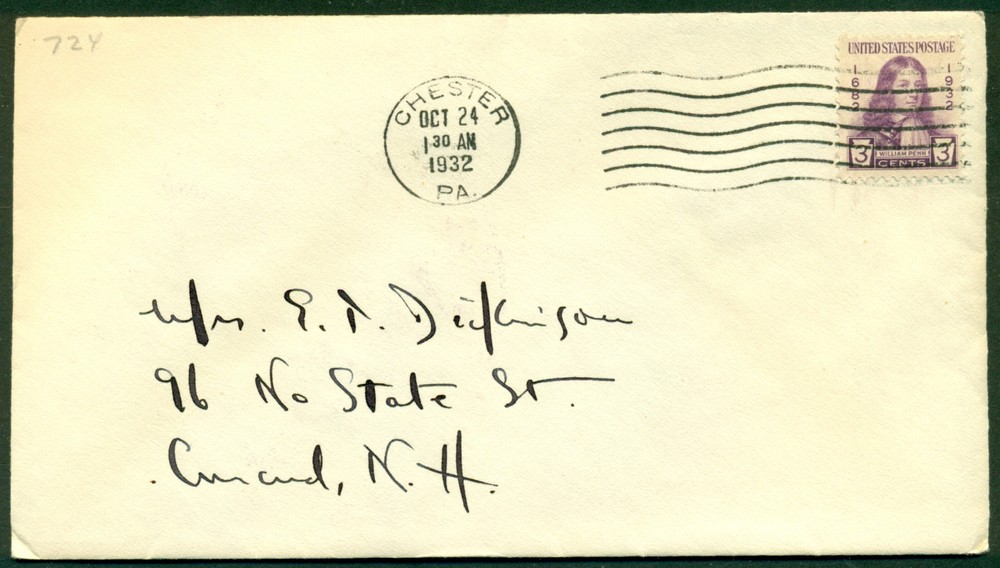 SCOTT # 724 FDC, NO FRONT CACHET, SCRIPT ADDRESS, CHESTER, PA, GREAT PRICE!