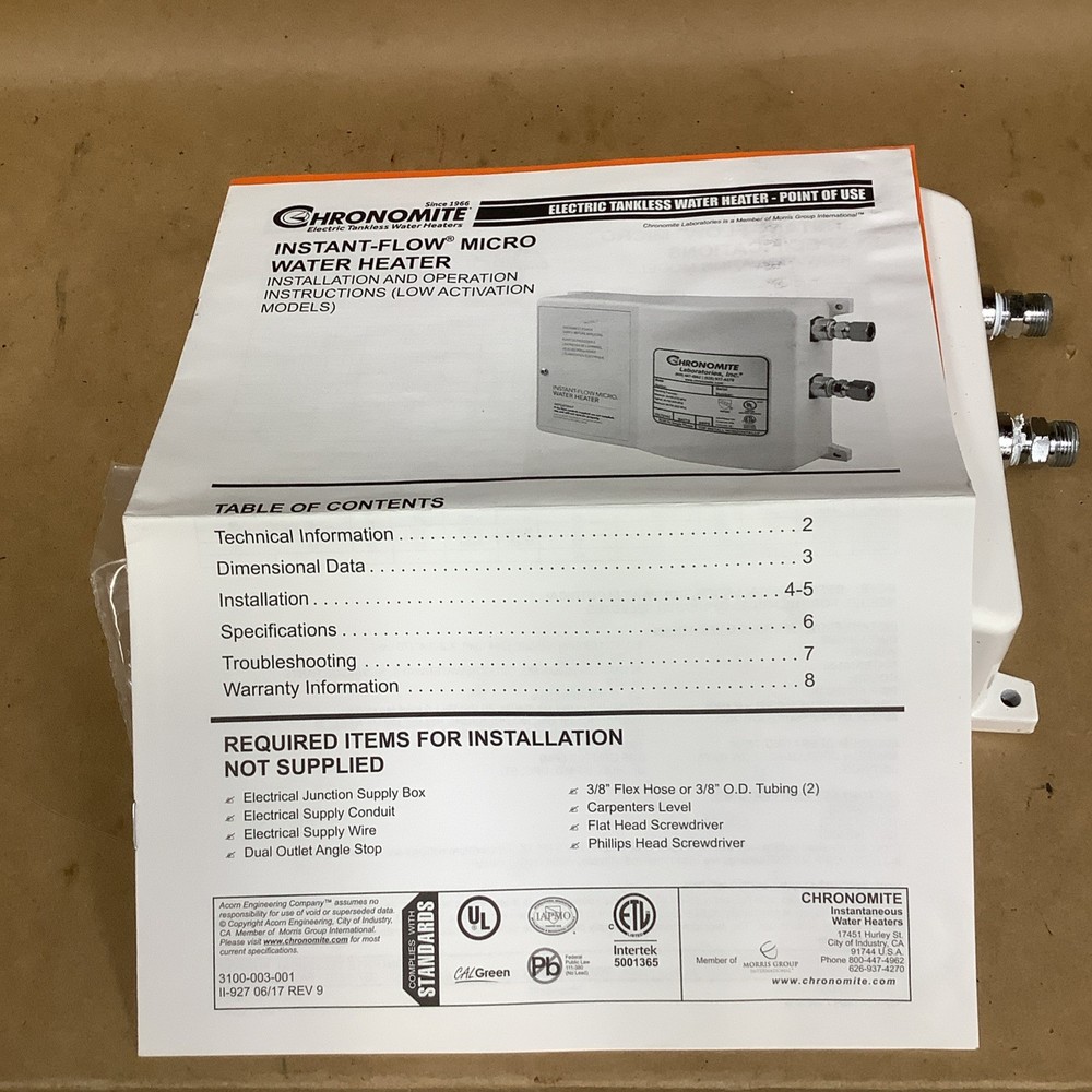 Chronomite S-30L/240-W Instant Electric Tankless Hot Water Heater 220/240VAC