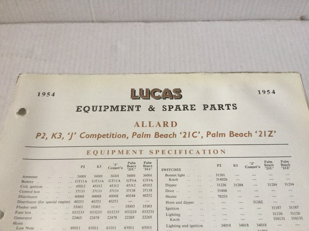 ALLARD 1954 LUCAS EQUIPMENT CATALOGUE