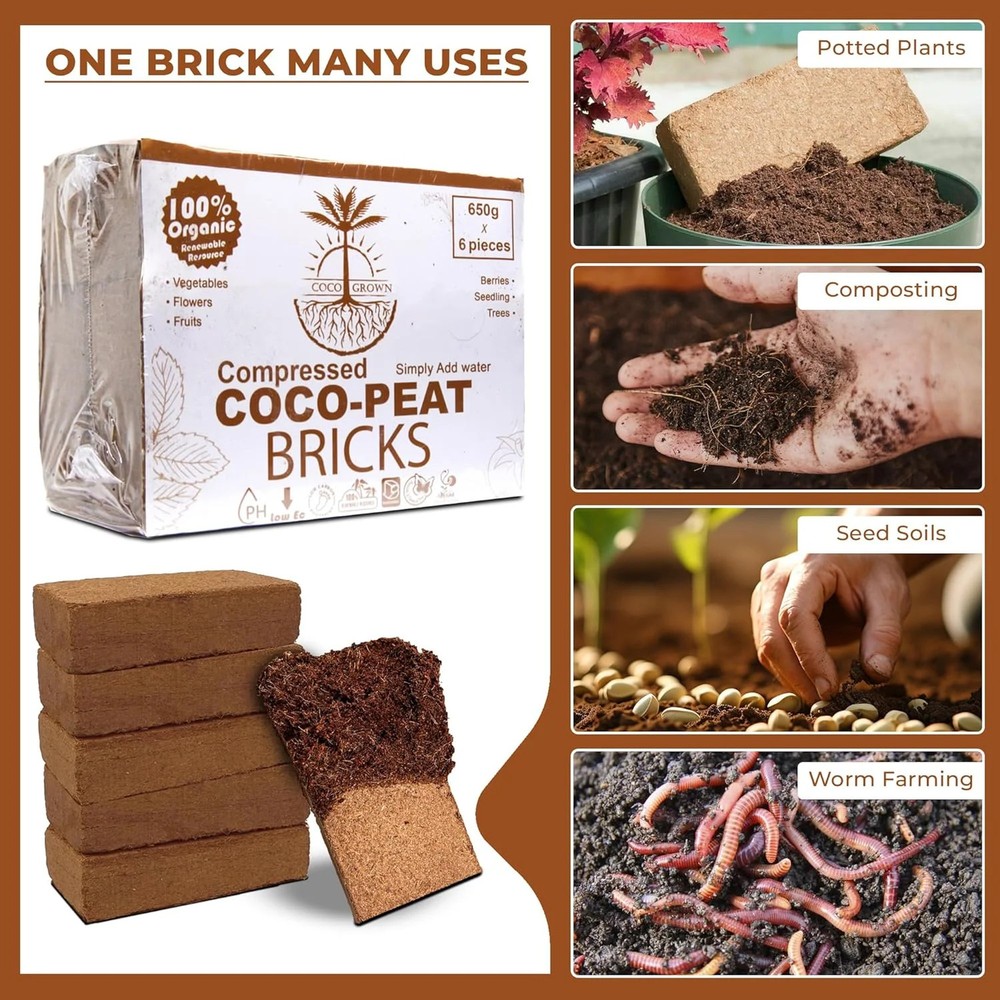 Compressed Coco Coir Bricks - 100% Organic, 650g x 6 Bricks - Expands to 8L Each