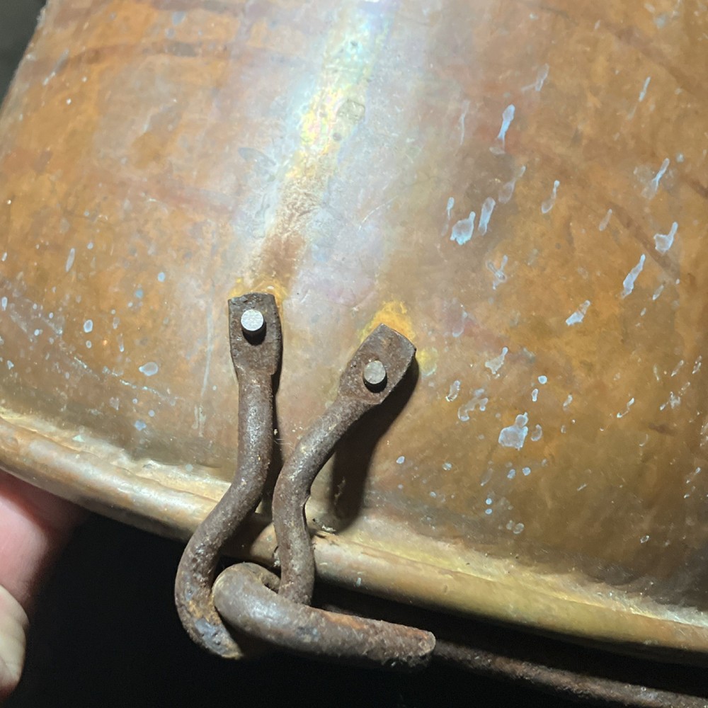 Antique handmade copper kettle apple butter cauldron dovetail iron handle