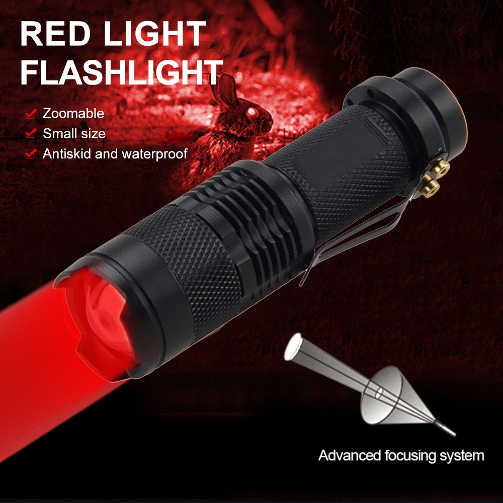 2Pcs Mini Powerful Red Light LED Flashlight 3Modes Night Vision Lamp Zoom Torch