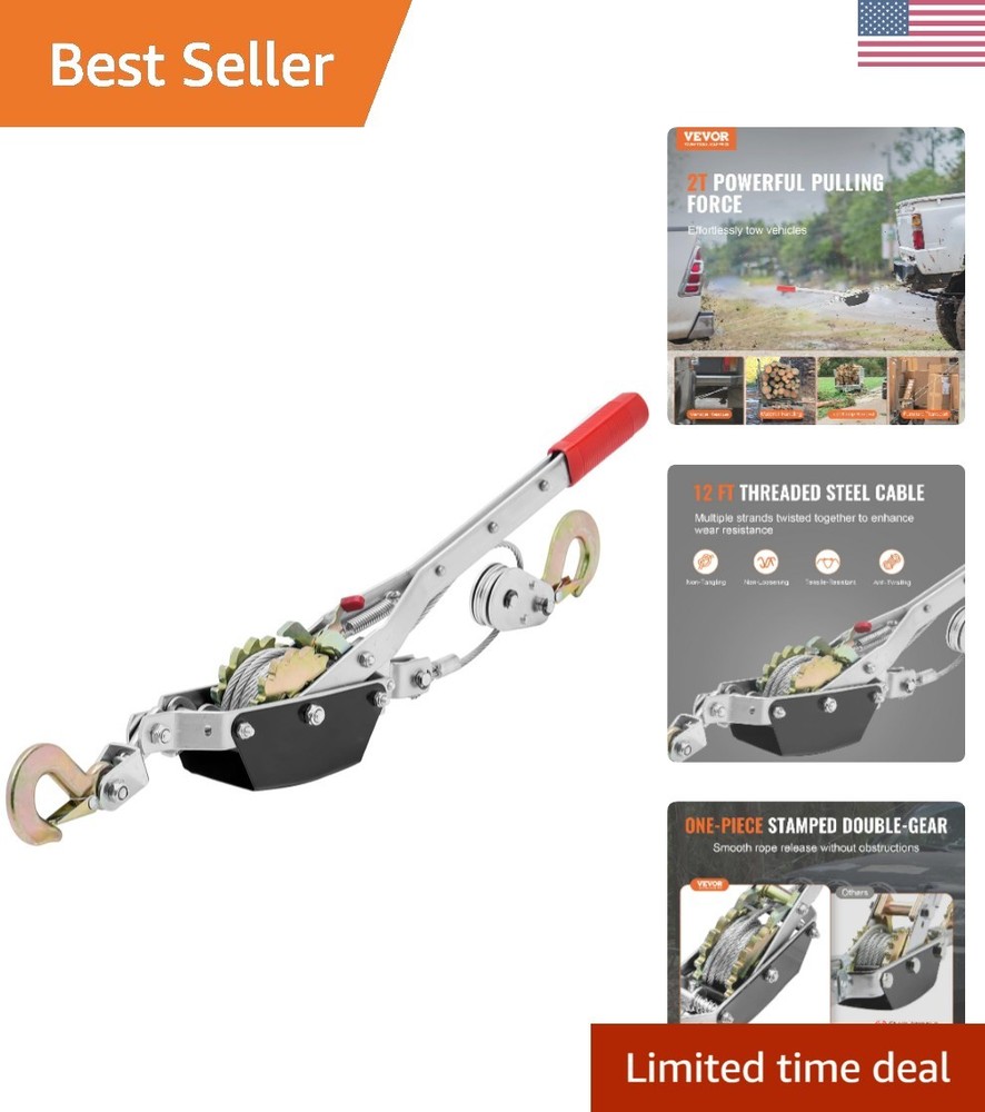 Come Along Winch, 2 Ton 4,409 lbs Pulling Capacity, 12 ft Steel Cable, 2 Hook...