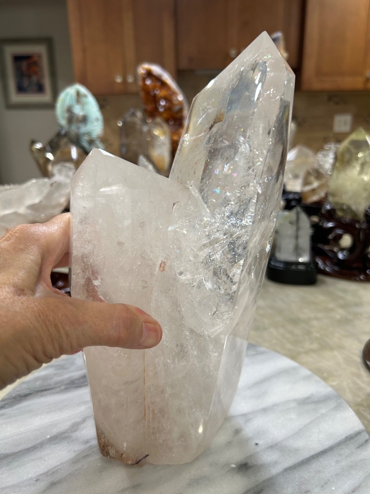 Clear Quartz cluster polished points Freeform with removable custom wood stand