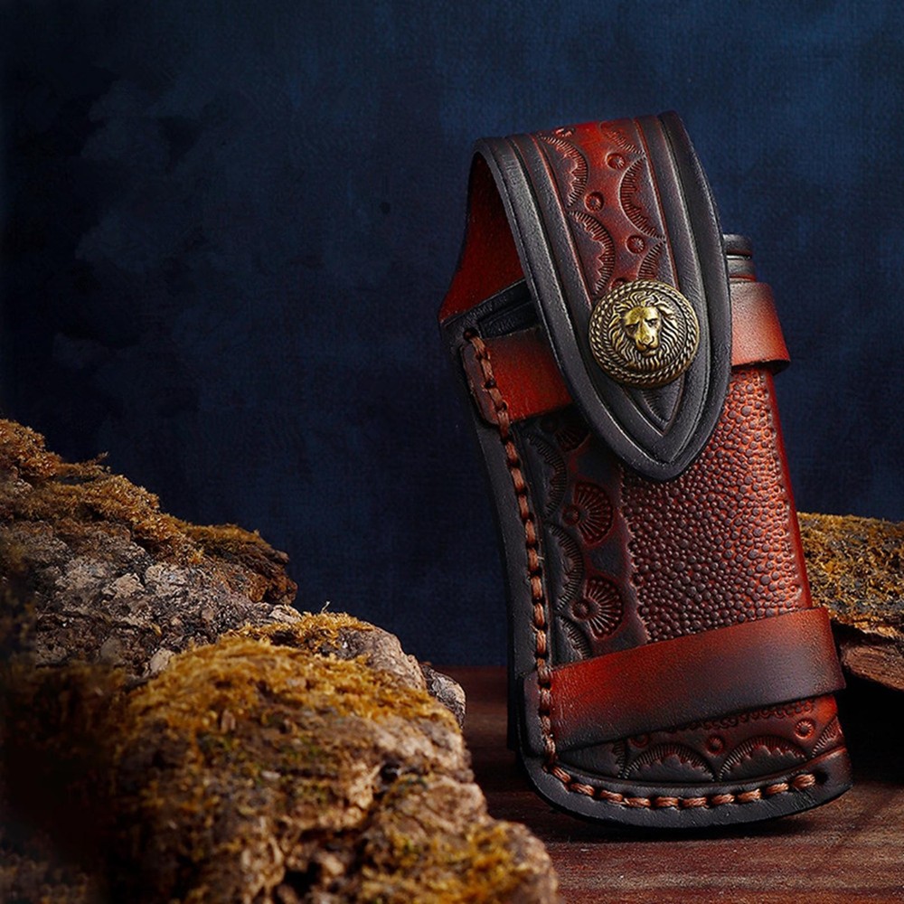 4" Folding Knife Holder Sheath Leather Storage Pouch With Snap Closure Belt Loop