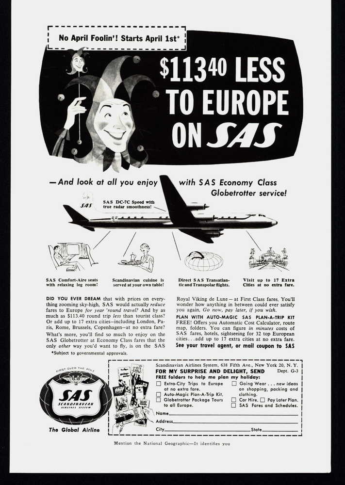 1958 DOUBLE- SIDE STUDEBAKER-PACKARD STARLIGHT COMMANDER & SAS AIRLINES PRINT AD
