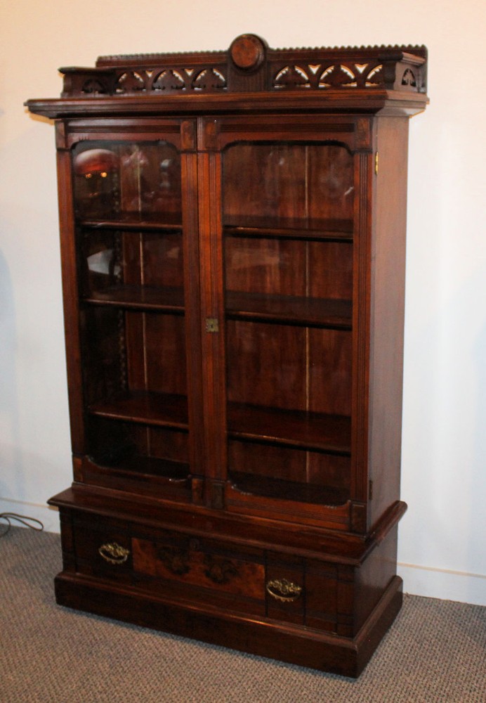 Antique Victorian Walnut Step Back Bookcase – Two Glass Doors