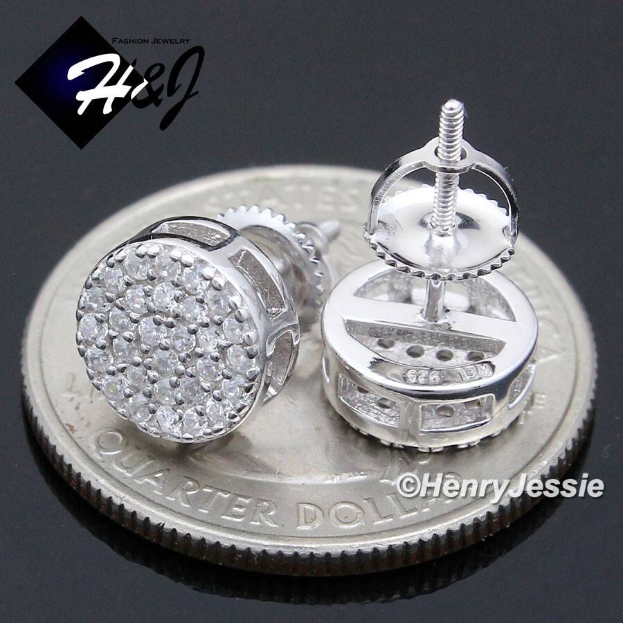 MEN SOLID 925 STERLING SILVER 9MM ICY CZ 3D ROUND SCREW BACK STUD EARRING*E238