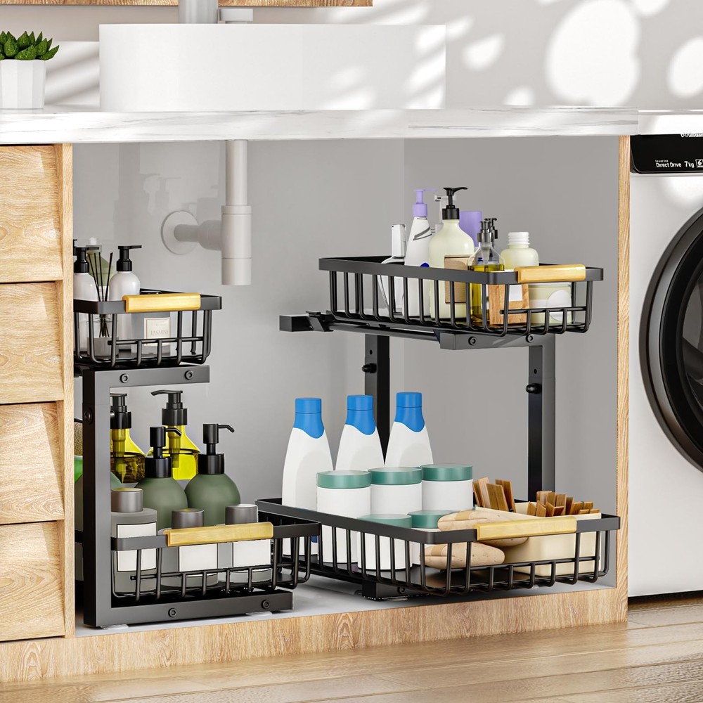 2Pcs Under Sink Organizer, Adjustable Under Sink Organizers and Storage, 2-Ti...