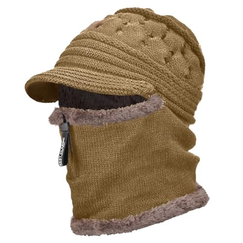 Fleece Lined Beanie Hat, Elastic Soft Ear Protection Knitted One Size Khaki
