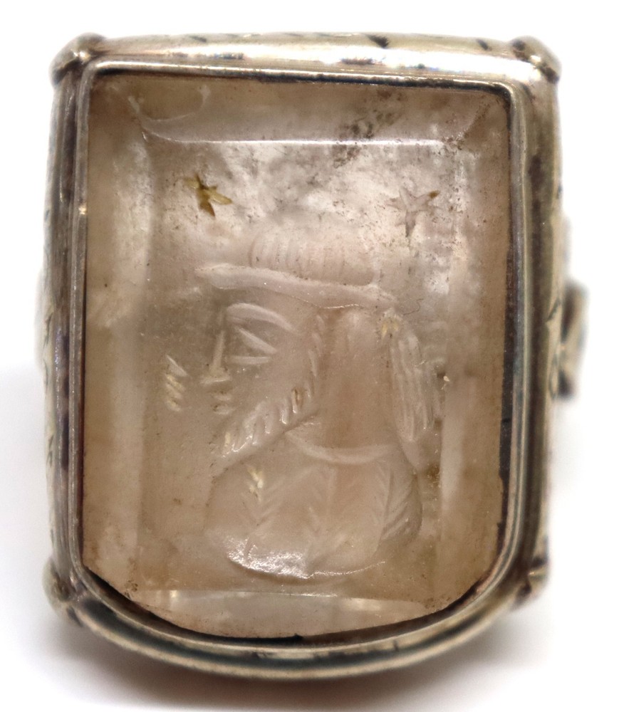 ANCIENT ROMAN KING INTAGLIO SOLID SILVER ANTIQUE OLD RING CRYSTAL STONE