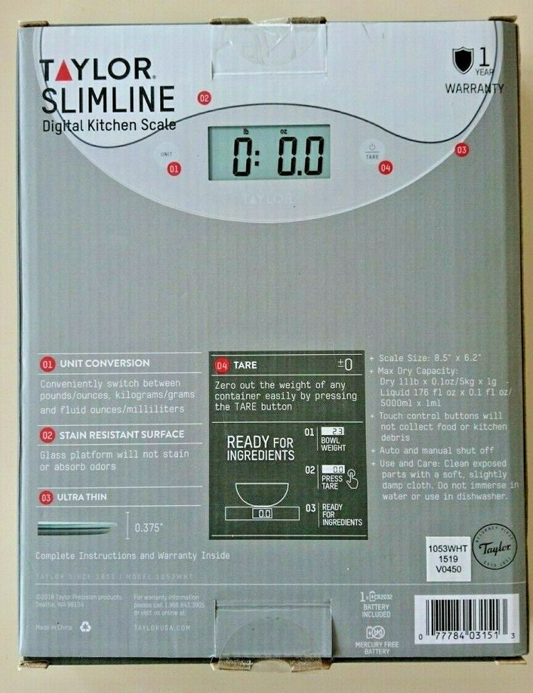 NEW Taylor Slimline Digital ~Kitchen Scale~ White 1053WHT *Baking accuracy!