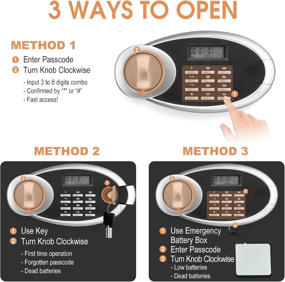 Fireproof Digital Safe with Removable Shelf - For Documents, Money, Valuables