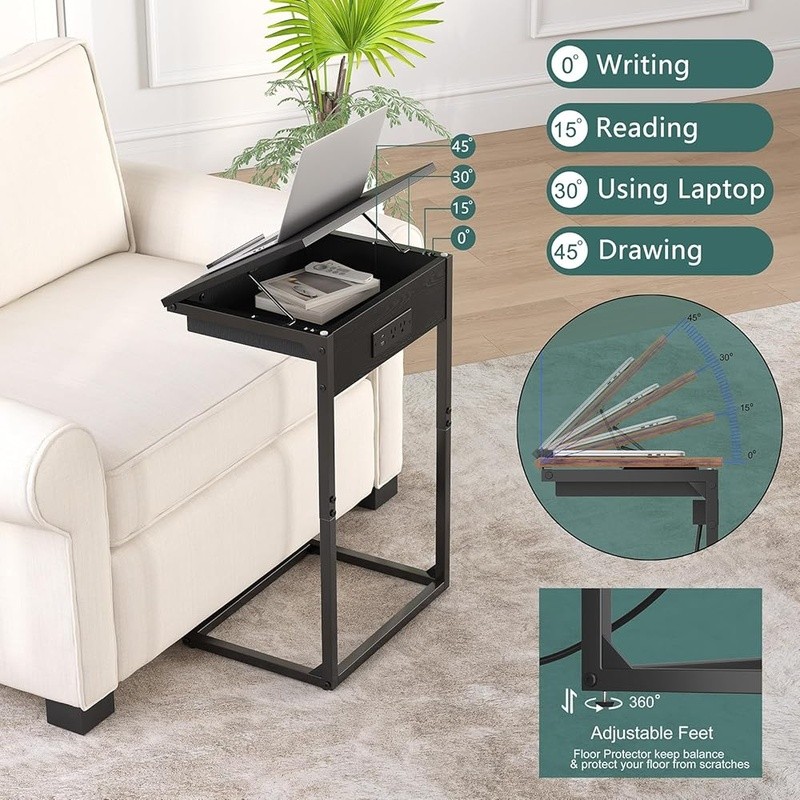 C Shaped Side Table Set W/ Charging Station Adjustable Flip Top Small Spaces New