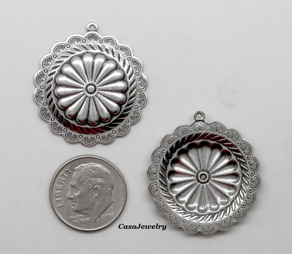 #0029 ANT'D .925 STERLING SILVER PLATED CONCHO COMPONENT W/HANG RING - 2 Pcs