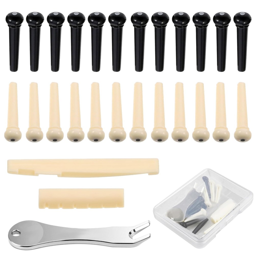 24 Acoustic Guitar Bridge Pins with Puller Saddle Nut Replacement Parts