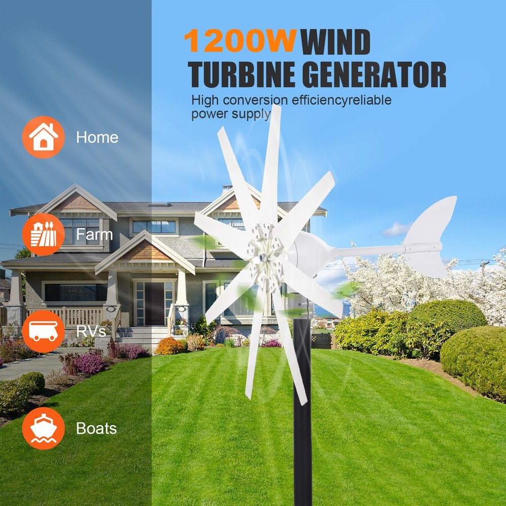1200W Wind Turbine Generator Kit 8 Blades Windmill DC 24V Charger Controller