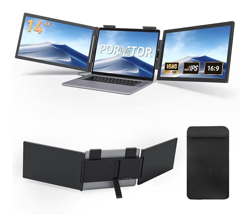 Triple Screen 14" IPS Laptop Screen Extender 1080p 16:9 Black