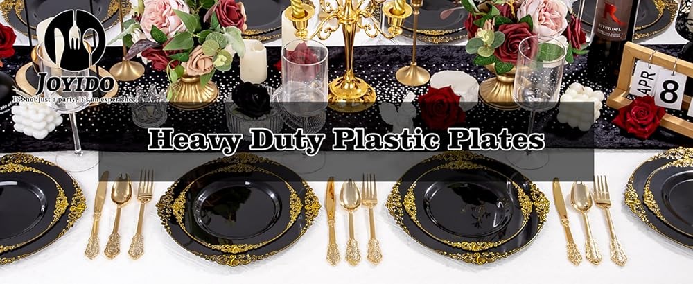 Bla and Gold Plastic Plates - Bla Disposable Dinnerware Set - Vinta