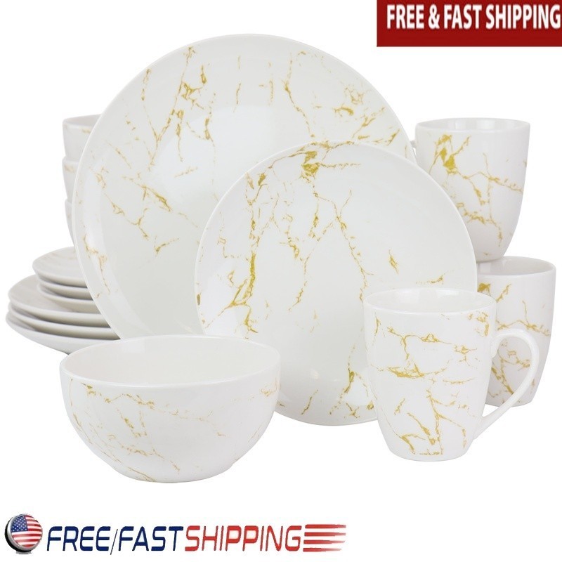 Marble Dinnerware Set Service 4 Stoneware Round Microwave Dishwasher Safe 16 Pcs