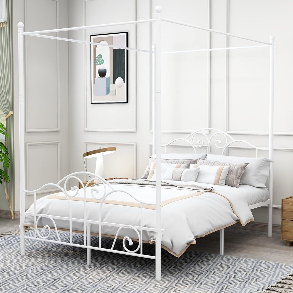 Canopy bed frame Four-poster metal platform Easy assembly / White / Black / Gold