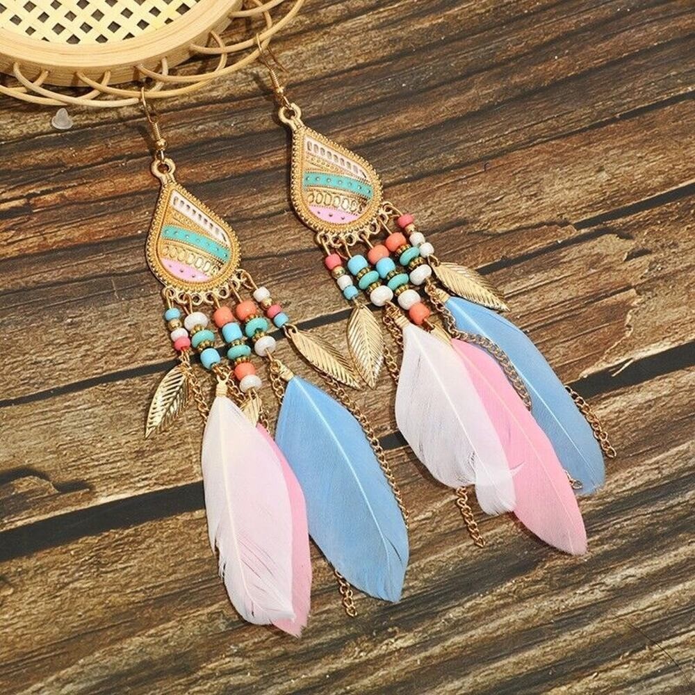Feather Boho Rice Bead Stud Long Waterdrop Tassel Earrings Hook Boho Ethic Danly