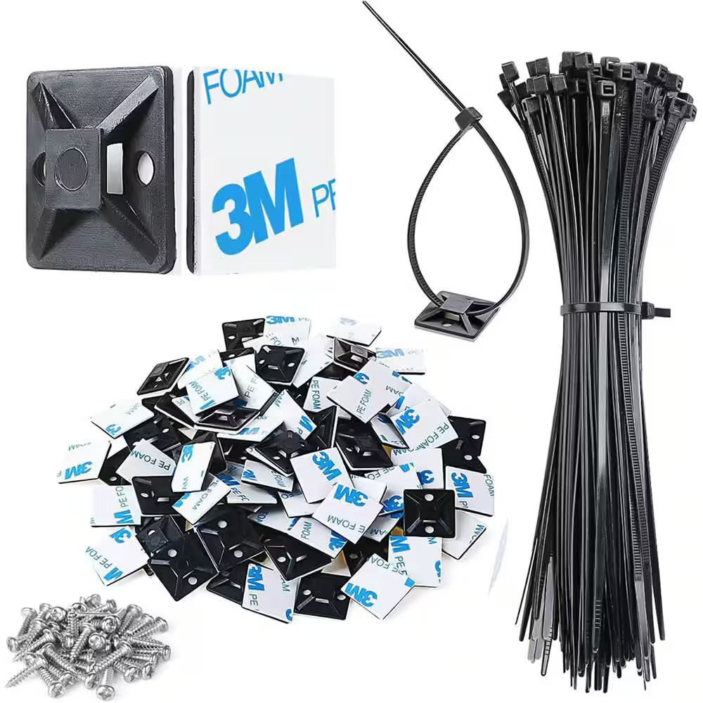 Strong Back-Glue 3/4 In. Cable Zip Tie Mounts, Uv-Protected Black, 100-Pack with