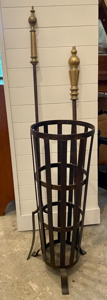Massive 19th C. Brass & Iron Fireplace Poker & Fork & Iron Stand