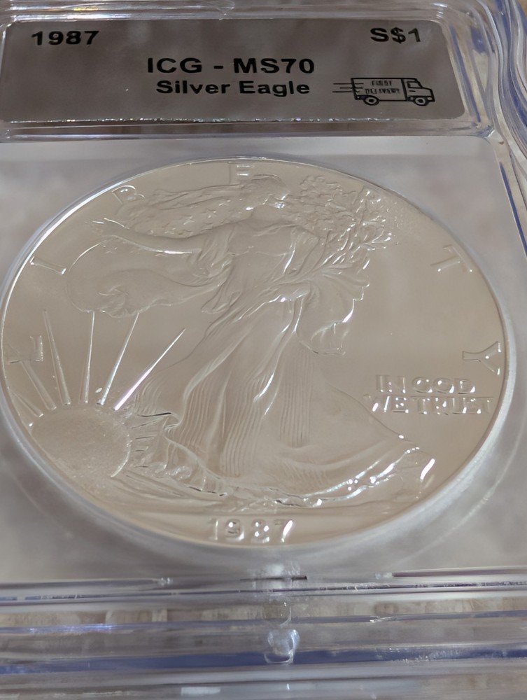 1987 * First Delivery $1 America Silver Eagle * Walking Liberty * ICG MS70