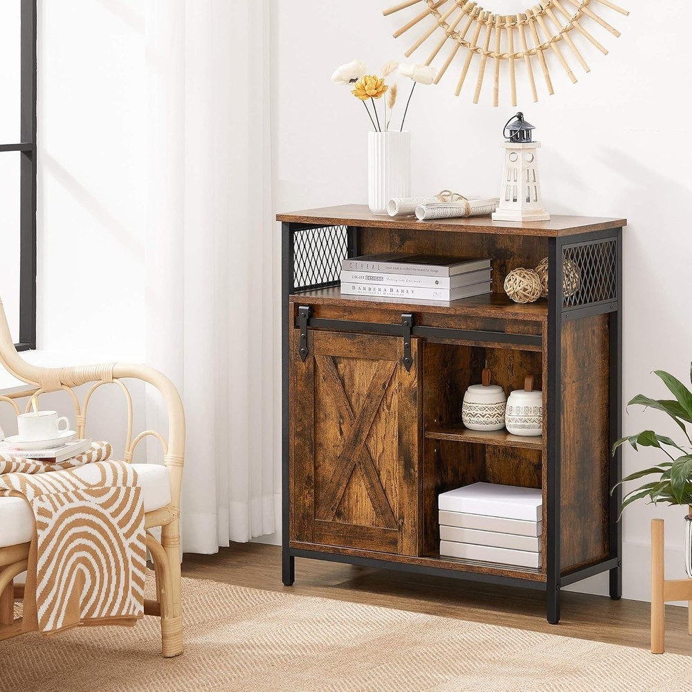 Versatile Sideboard with 1 Sliding Barn Door, Adjustable Shelves, 3 Compartments