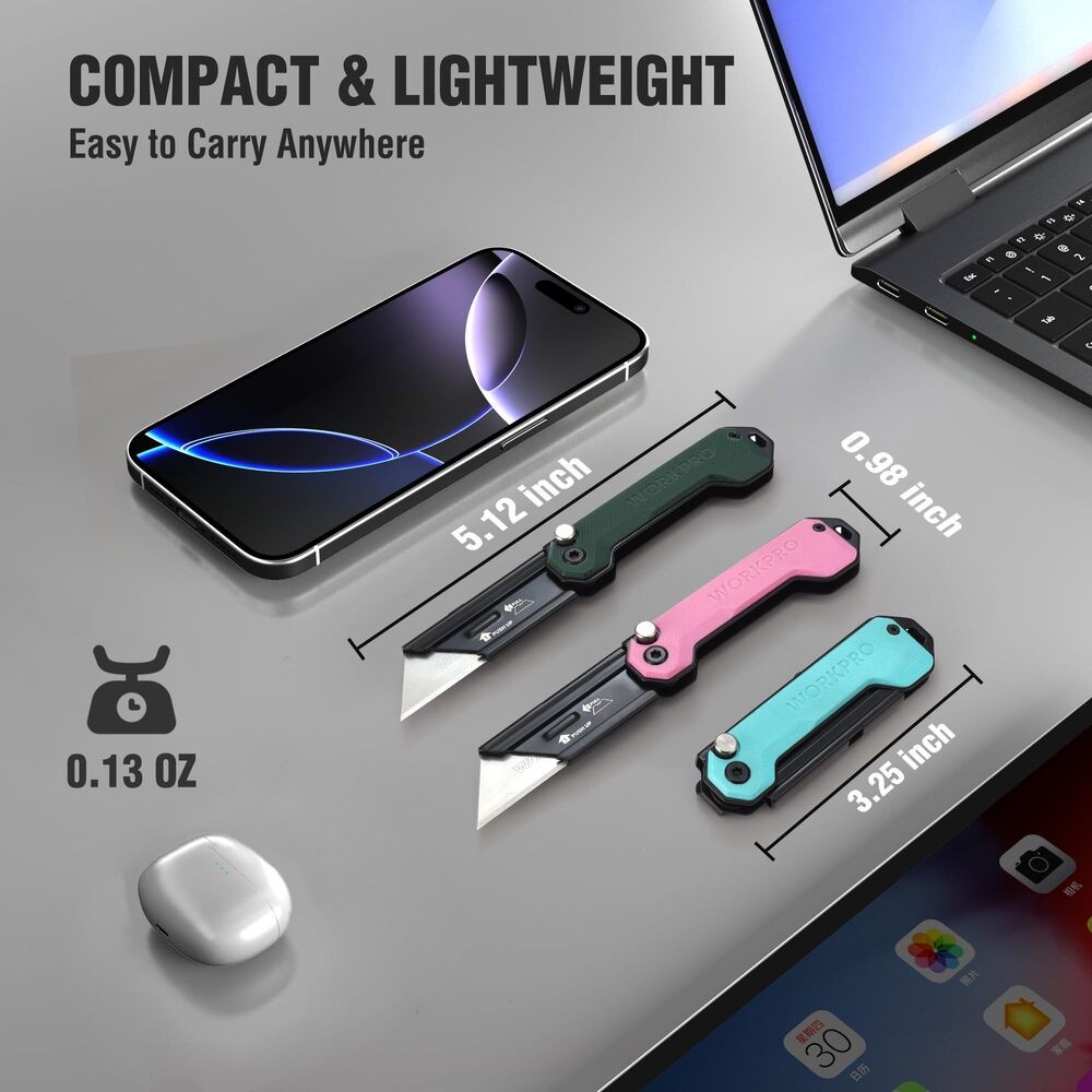 WORKPRO 3PCS Folding Utility Knife Quick Change Blade Box Cutter G10 Handle Axis