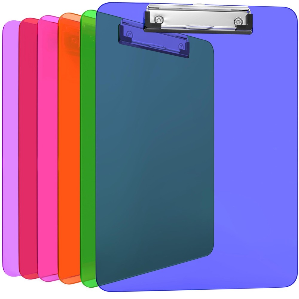 Kiggos 6 Pack Plastic Clipboards Colored Transparent Clear Clip Multicolor