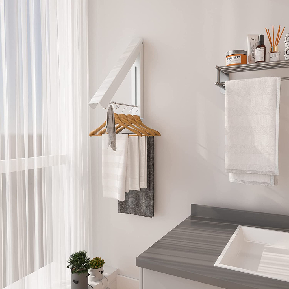 Single Retractable Clothes Drying Rack, Wall Mounted Foldable Laundry Hanger for