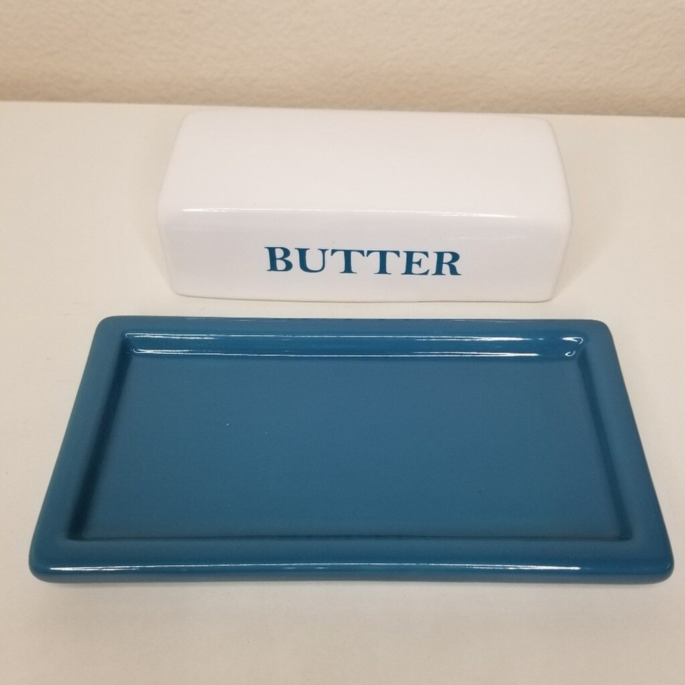 Stoneware Butter Dish Covered Butter Keeper Teal Blue White