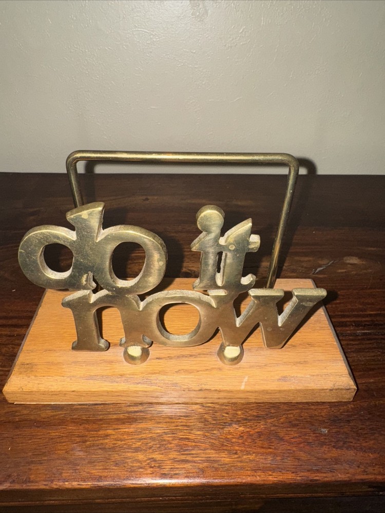 Vintage "Do It Now" Mail Holder in Solid Brass with Wood Oak Base