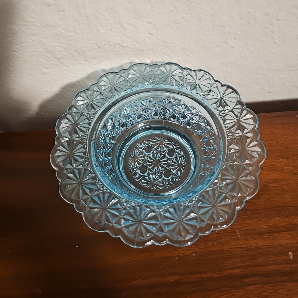 L E Smith Blue Daisy & Button Bell Shape Candy Sish Bowl Rare