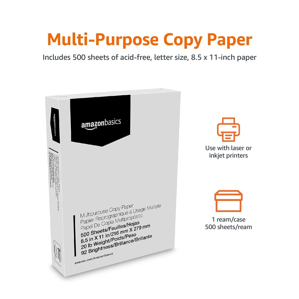 Amazon Basics Multipurpose Copy Printer Paper, 8.5 1 Ream | 500 Sheets, White
