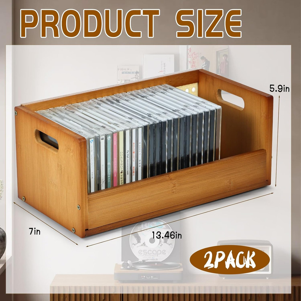 2 Set Bamboo CD Storage Box, Stackable CD Holder Racks Organizer Shelf for Movie