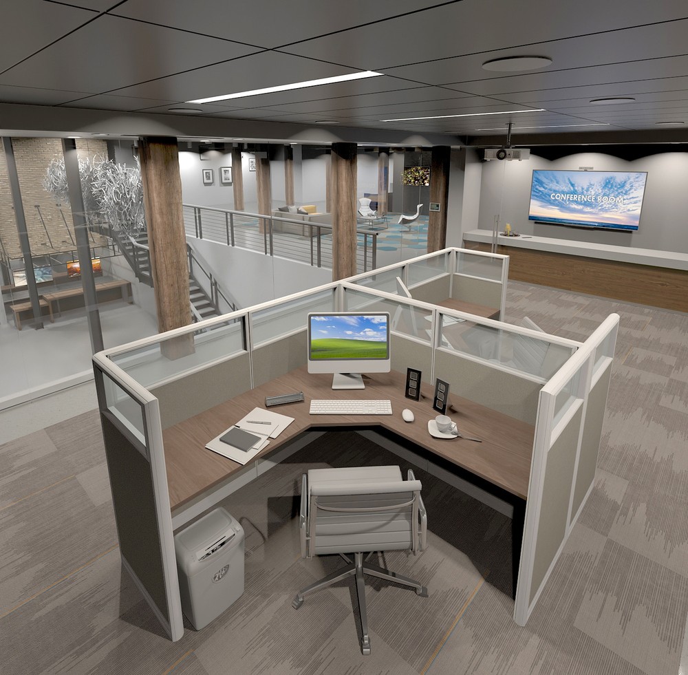 6x6 Cubicles - 51″ H- 2 MAN (MIRROR) Glazed L Shape Office Workstations-U
