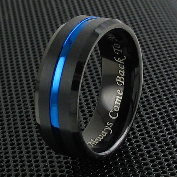Personalized Engraved Black Tungsten Brushed Thin Blue Line Wedding Band Ring