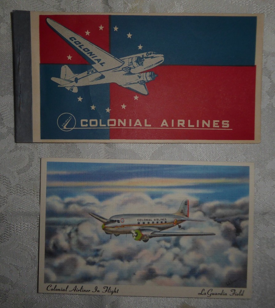 Vintage 1946 Colonial Airline Ticket and Postcard