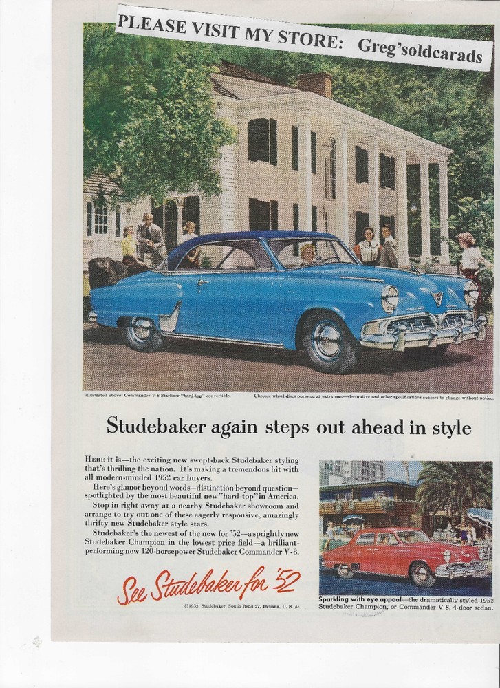 Original 1952 Studebaker  Commander vintage print ad