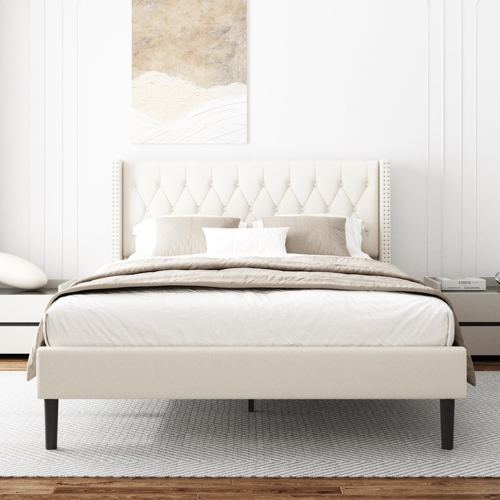 Queen Size Bed Frame, Upholstered Platform Bed with Wingback Headboard, Velve...