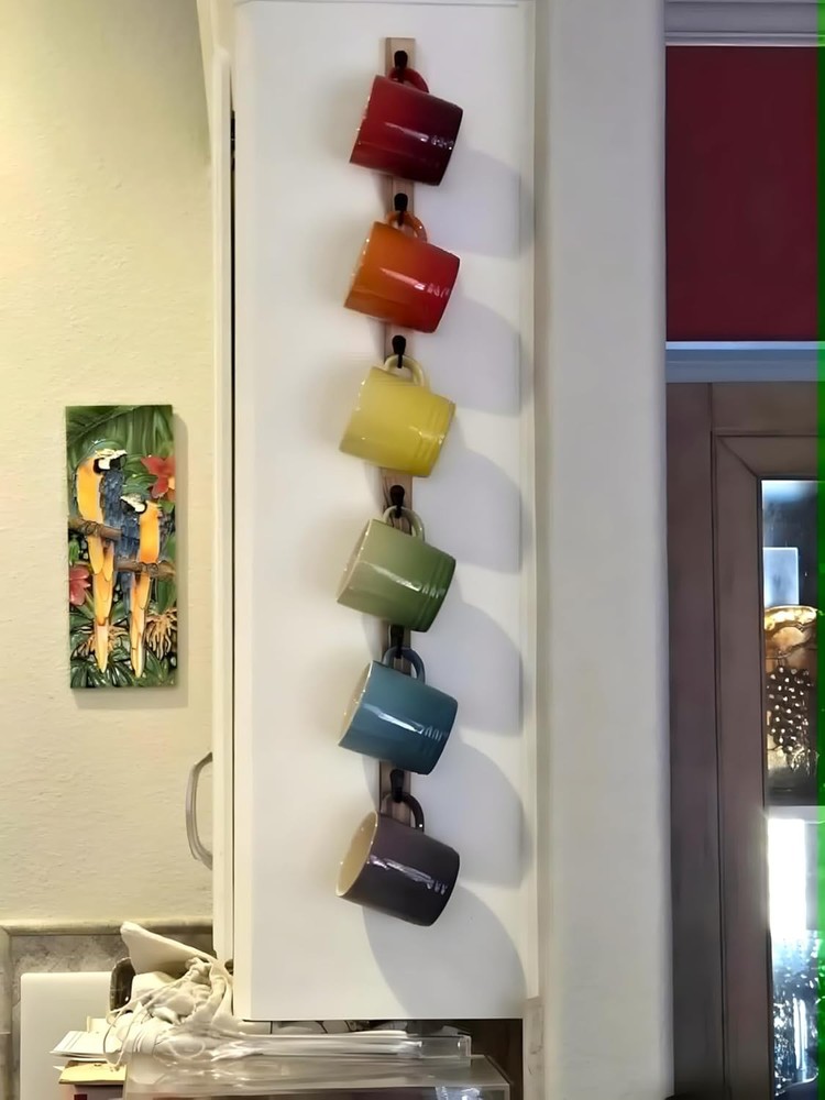 Wall-Mounted Coffee Mug Rack 6-Hook Solid Wood Cup Holder Kitchen Cabinet