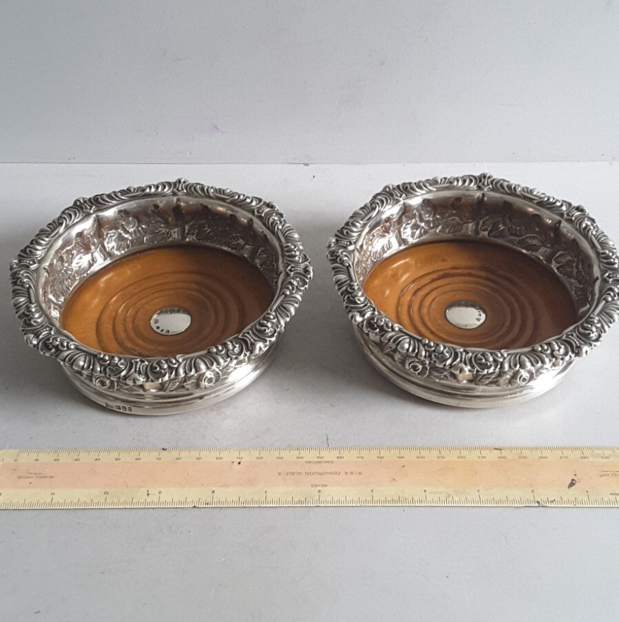 GOOD PAIR GEORGIAN ANTIQUE SOLID SILVER BOTTLE COASTERS.    SHEFF. 1823.