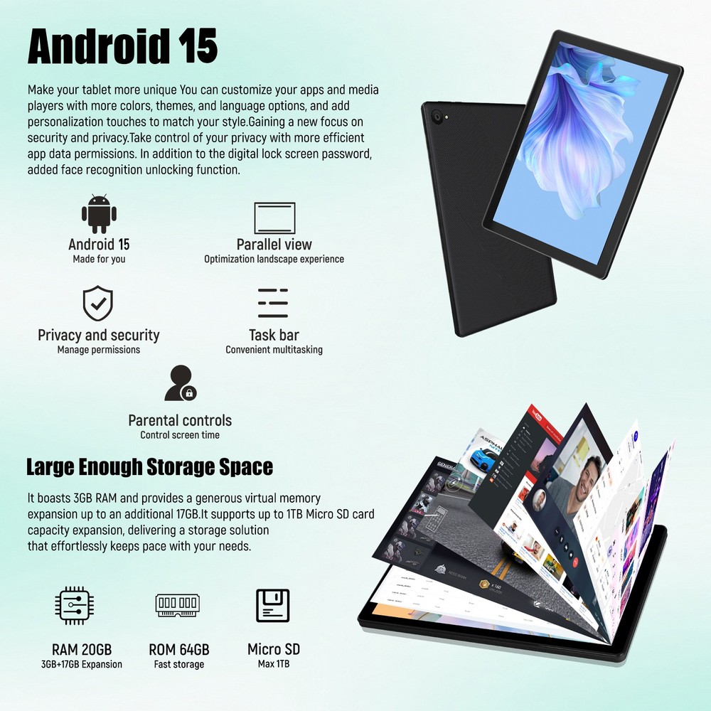 Android 15 Tablet 20GB RAM 64GB ROM IPS LCD HD Touchscreen Dual Camera